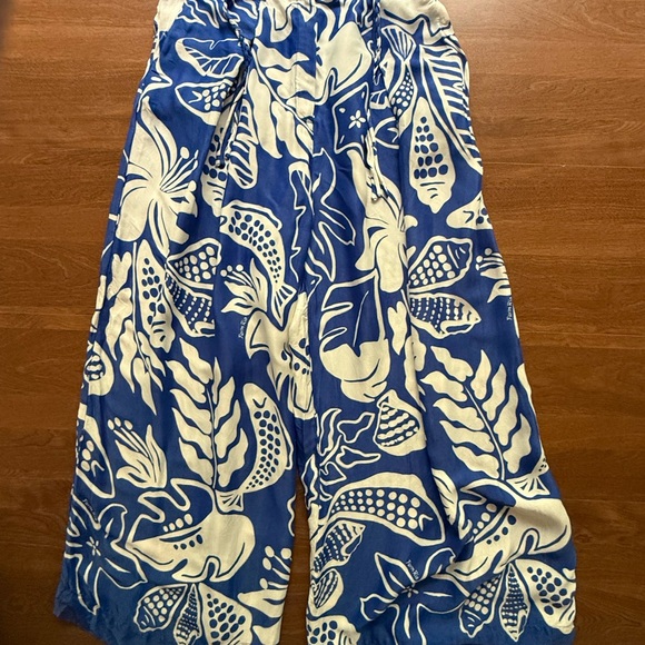 FARM Rio Pants - FARM Rio Blue & Cream Wide Leg Pants with Tropical Print